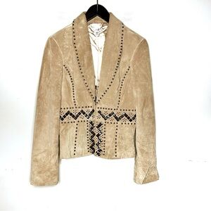 Vintage Cache Jacket Size 8 Dyed Rabbit Fur Suede Light Tan Studded Clasp Front